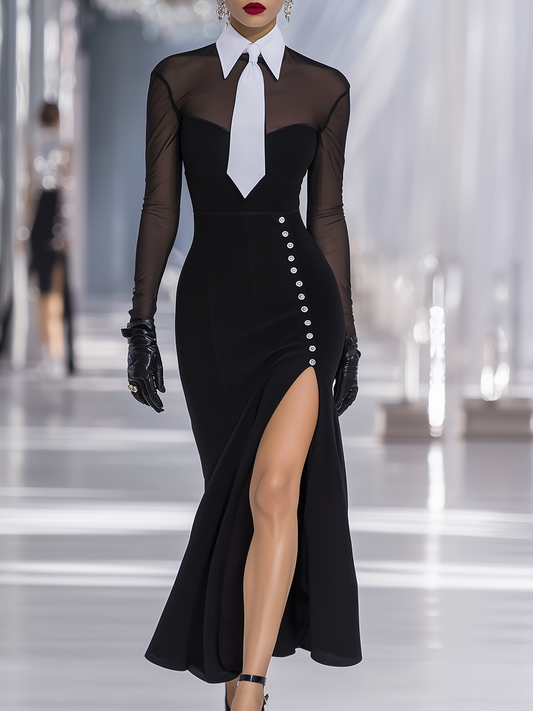 Fashion Lapel Tie Long Sleeve Slit Maxi Dress