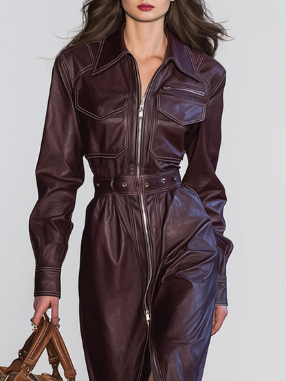 Casual Vintage Burgundy Faux Leather Long Sleeve Tie Zipper Midi Dress