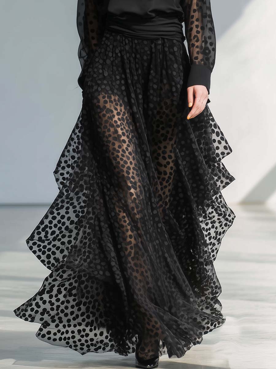 Classic And Fashionable V-neck Long-sleeved Hem Layered Polka Dot Organza Black Chiffon Maxi Dress