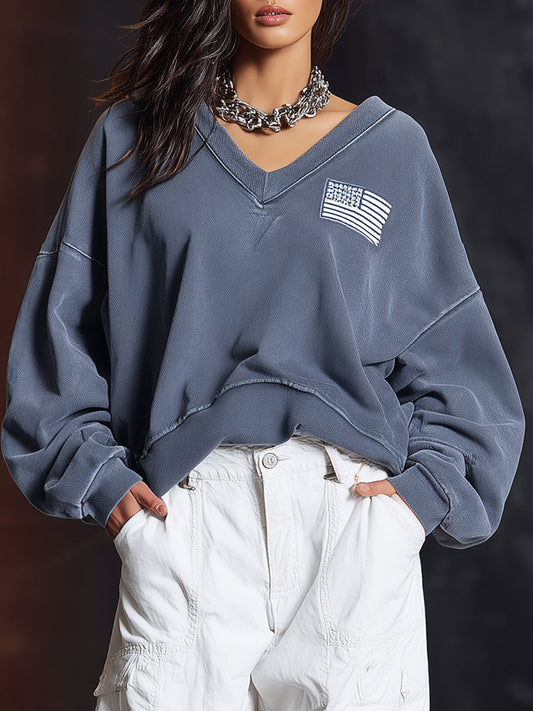 Casual Loose V-neck Grey Short Sweatshirt