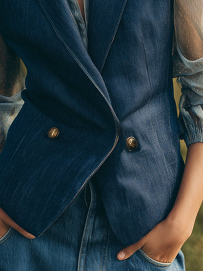 Elegant And Fashionable Blue Imitation Denim Organza Long-sleeved Jacket