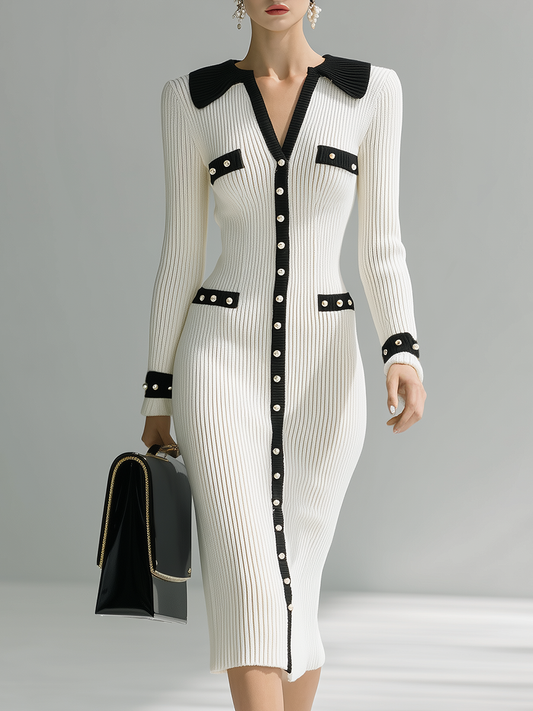 Elegant Contrast-trimmed Pearl-button Knitted Midi Dress