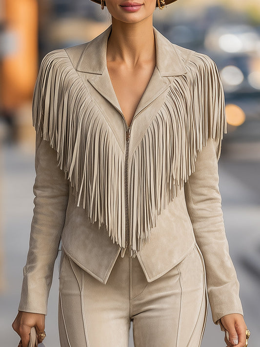 Fashion Vintage Beige Lapel Tassel Zipper Jacket