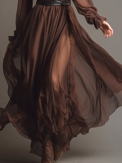 Elegant Retro V-neck Brown Chiffon Long Sleeve Maxi Dress