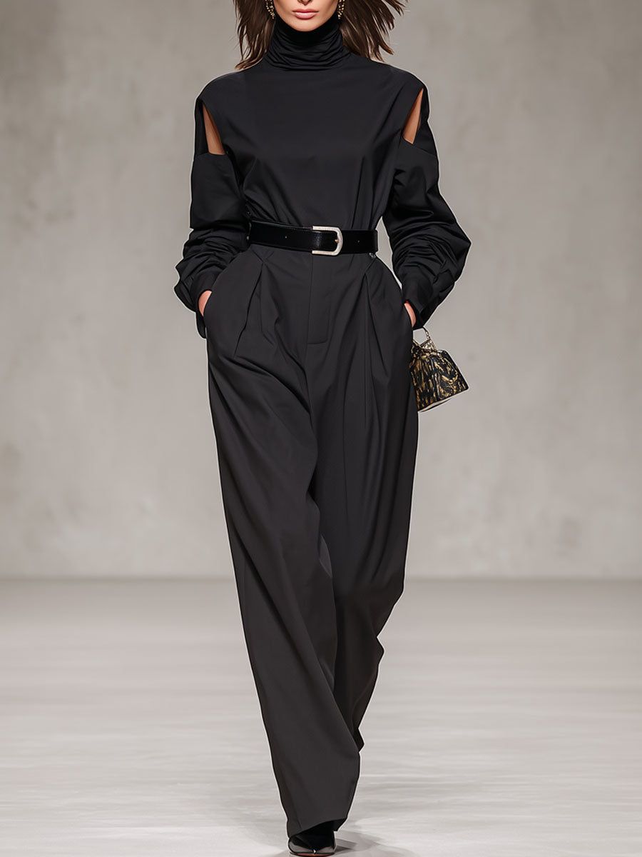 Black Turtleneck Cold Shoulder Long-sleeved T-shirt And Wide-leg Pants Set