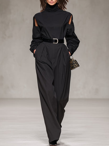 Black Turtleneck Cold Shoulder Long-sleeved T-shirt And Wide-leg Pants Set