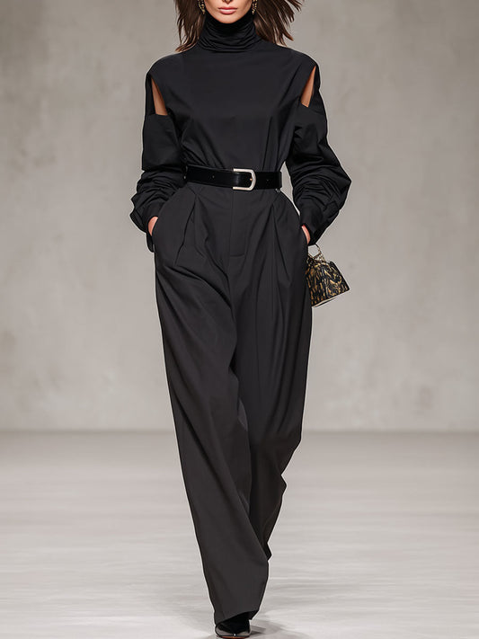 Black Turtleneck Cold Shoulder Long-sleeved T-shirt And Wide-leg Pants Set