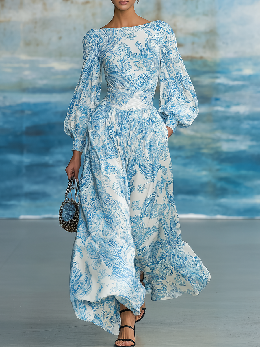 Elegant Retro Paisley Print Balloon Sleeve Maxi Dress