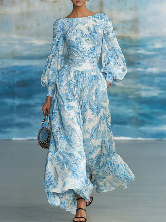 Elegant Retro Paisley Print Balloon Sleeve Maxi Dress