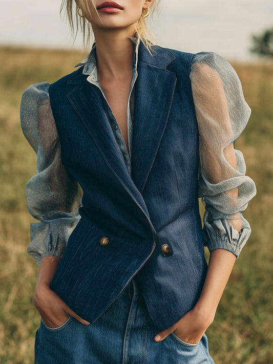 Elegant And Fashionable Blue Imitation Denim Organza Long-sleeved Jacket