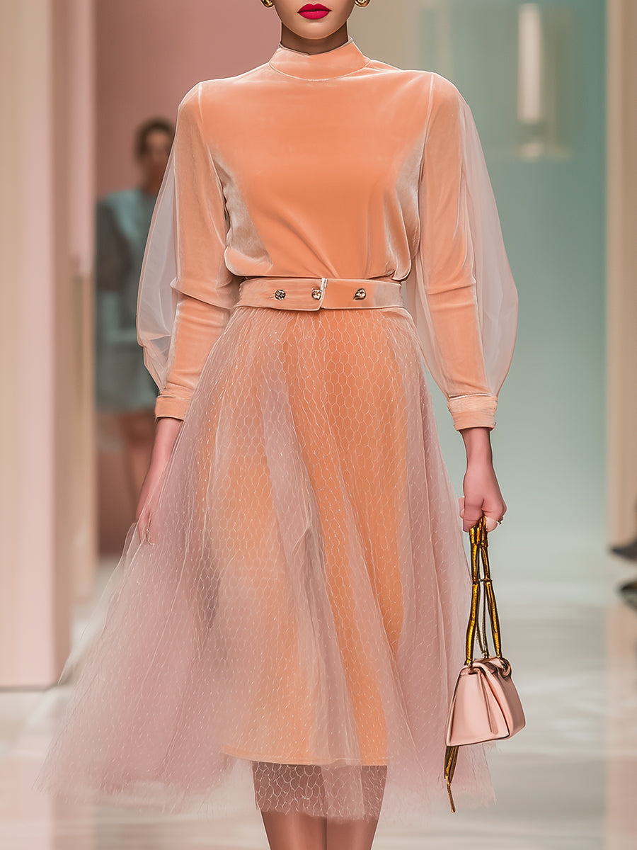 Elegant And Exquisite Orange Velvet Splicing Tulle Long-sleeved Midi Dress