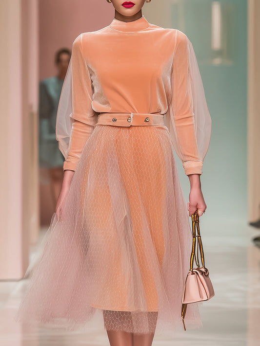 Elegant And Exquisite Orange Velvet Splicing Tulle Long-sleeved Midi Dress