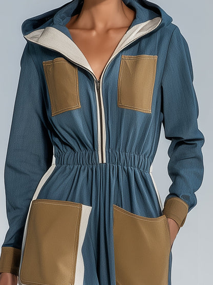 Blue Linen Contrast Zippered Elasticated Shift Mixi Dress