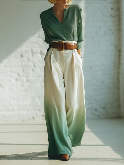 Elegant Casual White Gradient Green Wide-leg Trousers