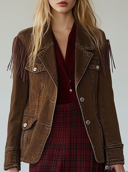 Chaqueta vaquera con borlas y múltiples bolsillos de color marrón cacao de estilo vintage occidental 