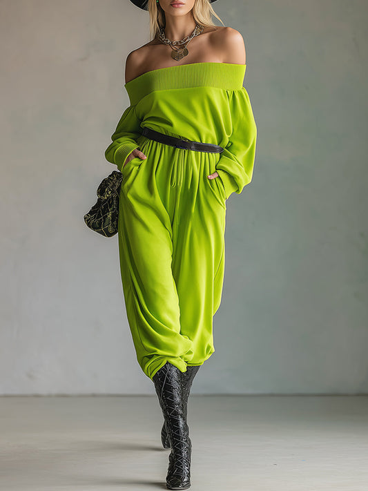 Casual Loose One-shoulder Fluorescent Green Sweatshirt Long-sleeved Jumpsuit