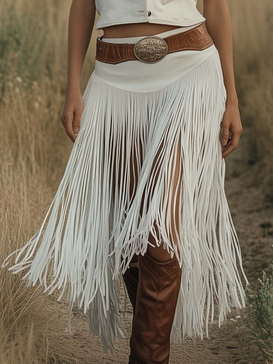 【24-hour shipping out】Retro Premium Western Style Brown Belt White Suede Tassel Skirt