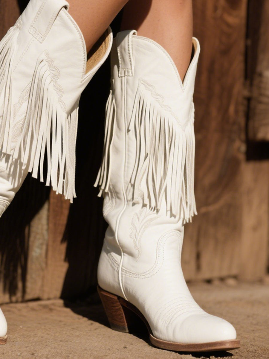 Botas vaqueras de cuero con borlas bordadas estilo western para mujer