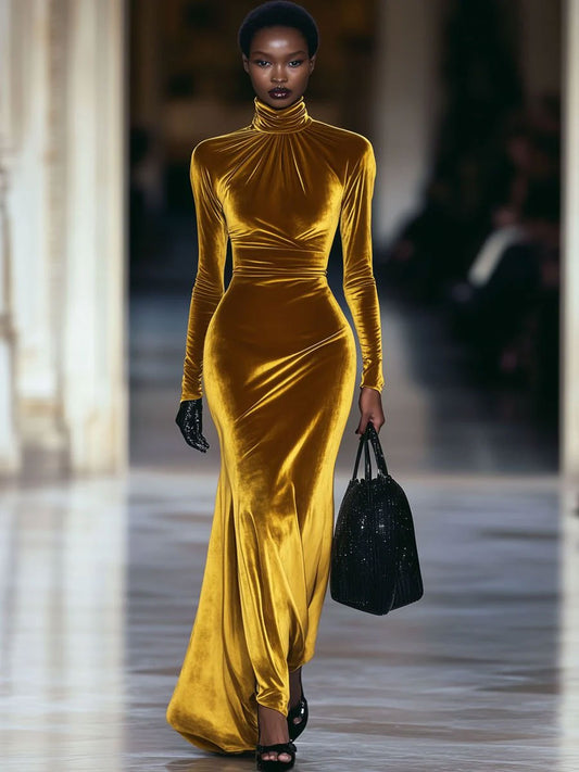 【Envío en 24 horas】Vestido largo de manga larga con cuello alto y terciopelo dorado retro de moda