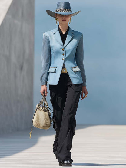 Blazer corto de mezclilla azul claro en forma de X, elegante y exquisito, con solapa de muesca, transparente, de manga larga