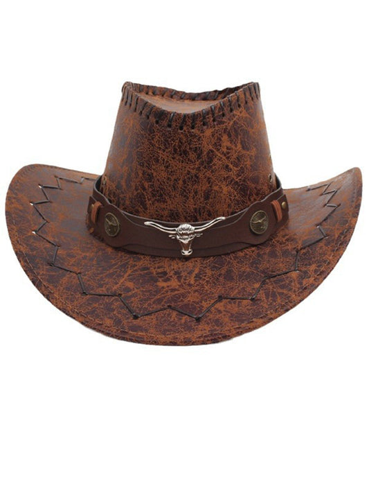 Cracked PU Leather Western Cowboy Hat Outdoor Cow Head Sun Hat