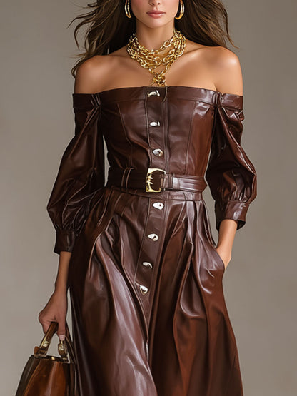 Elegant Faux Leather Off-the-shoulder Long-sleeved Button Midi Dress