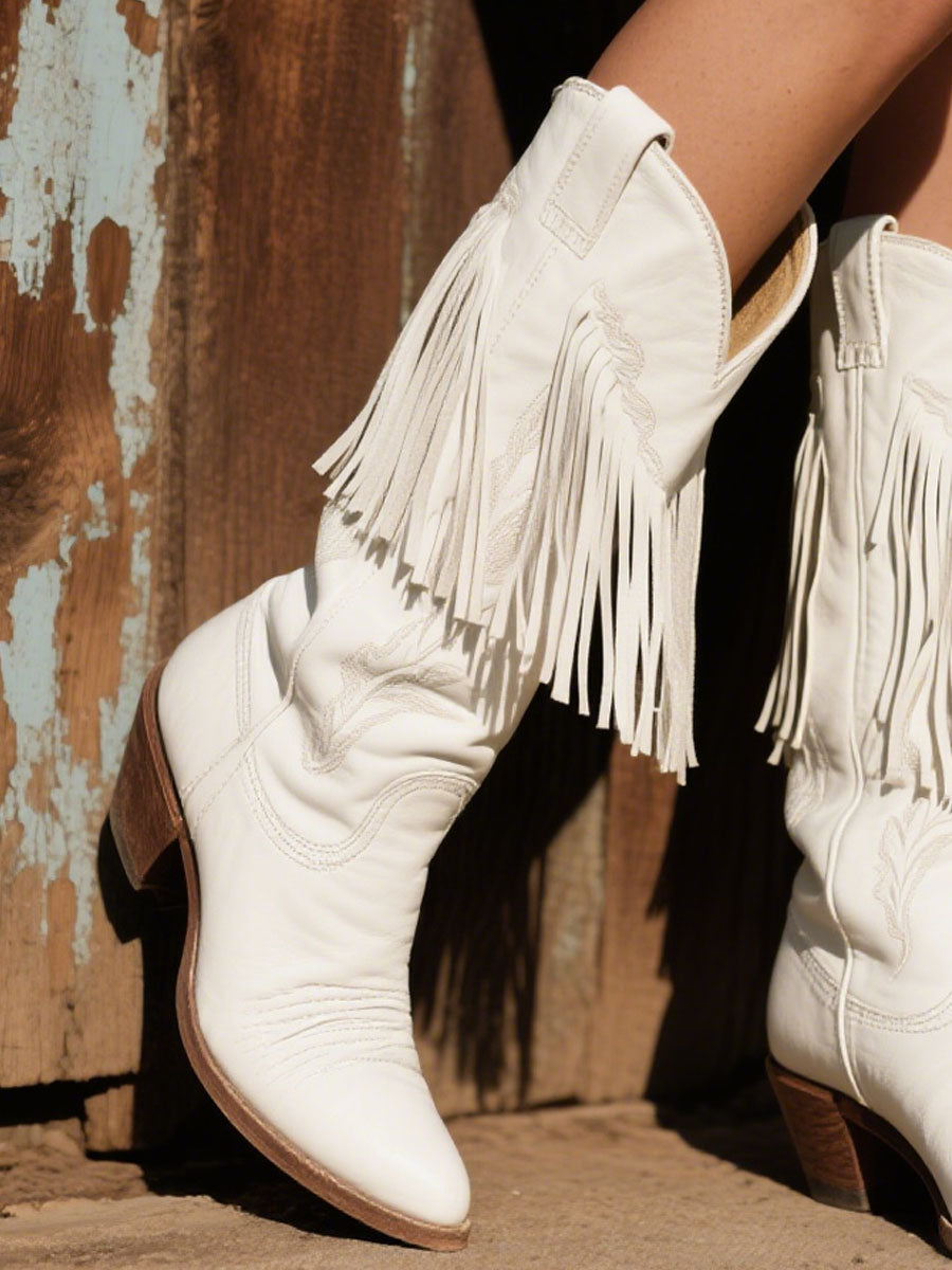 Botas vaqueras de cuero con borlas bordadas estilo western para mujer