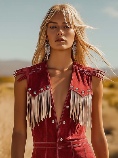 【24-hour shipping out】Western Cowboy Style Red Suede Silver Button Beige Tassel Jumpsuit
