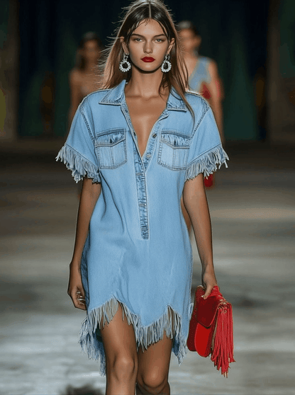 【24-hour shipping out】Casual Loose Vintage Denim Short Sleeve Shirt Tassel Mini Dress