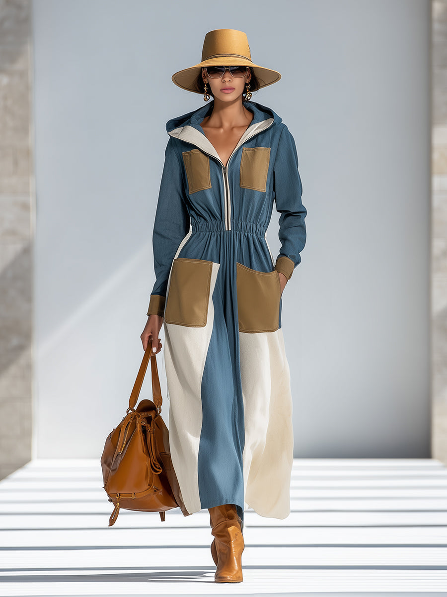 Blue Linen Contrast Zippered Elasticated Shift Mixi Dress
