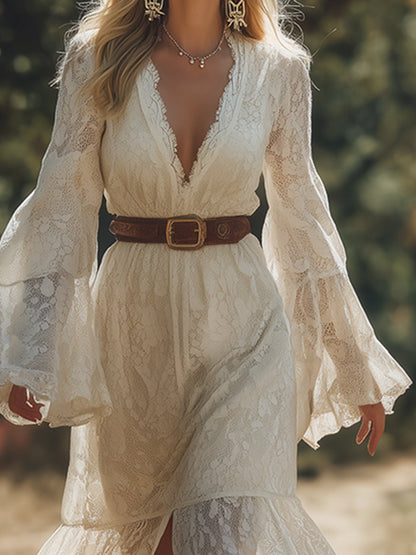 Elegant Western Style V-Neck Trumpet Sleeve Off-White Lace Maxi Dress