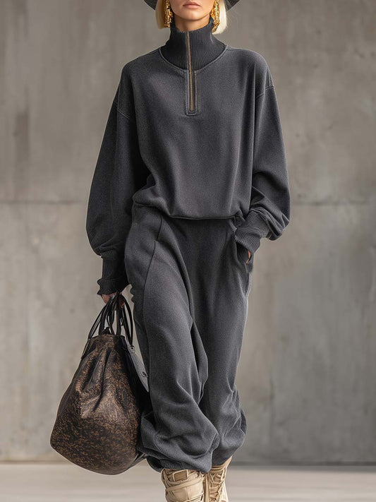 Casual Loose Fashion High Collar Front Zipper Dark Gray Sweatshirt And Skirt Set