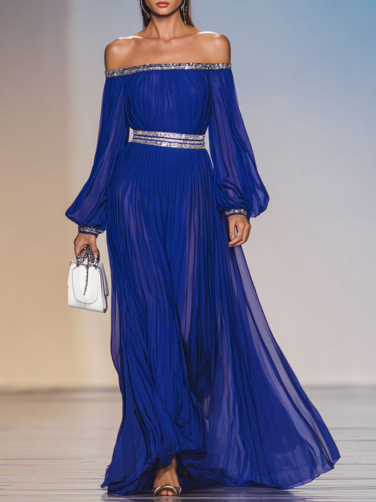 Elegant Off-the-shoulder, Boat-neck Pleated Chiffon Maxi Dress