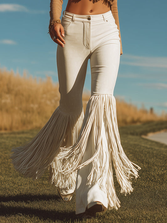 Chic Western Style Tassel Hem Off-White Suede Flared Pants