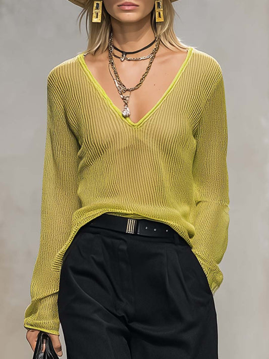 Blusa de punto verde limón de manga larga, cuello en V, transpirable e informal.