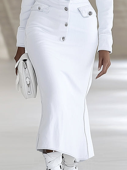 Fashion Lapel One-shoulder White Denim Long-sleeved Maxi Dress
