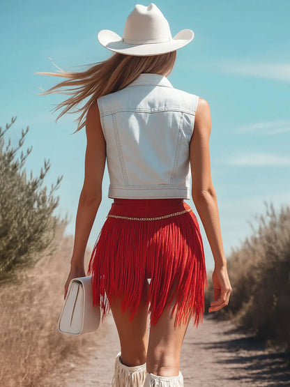 【24-hour shipping out】Western Retro Red Washed Cotton Ribbon Tassel Shorts