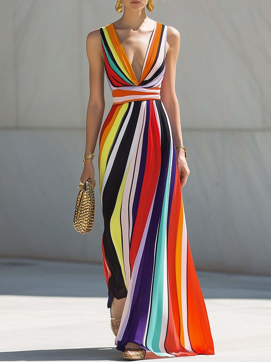 Elegant Flowing V-neck Rainbow Stripe Print Chiffon Maxi Dress