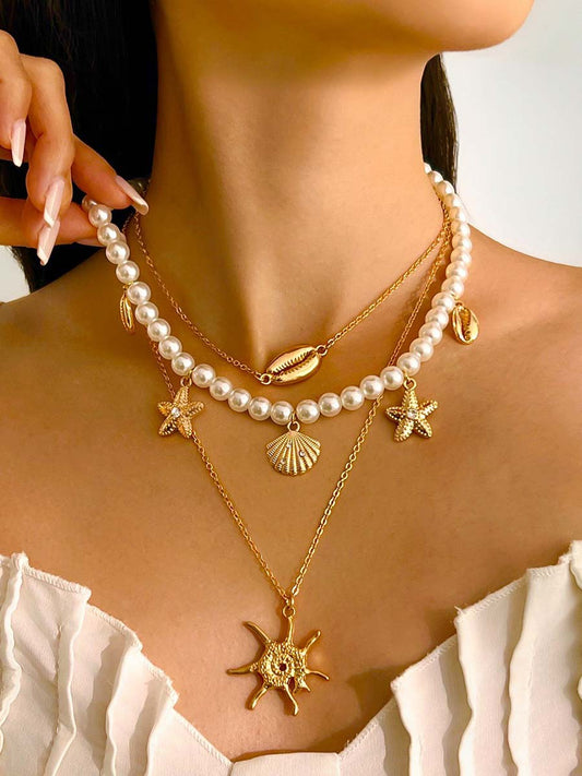 Bohemian Imitation Pearl Holiday Style Retro Starfish Shell Pendant Necklace Set