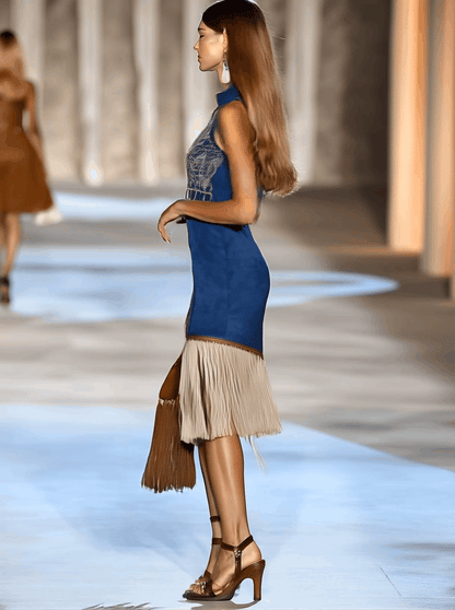 【24-hour shipping out】Vintage Bohemian Suede Embroidered Zipper Tassel Sleeveless Mini Dress