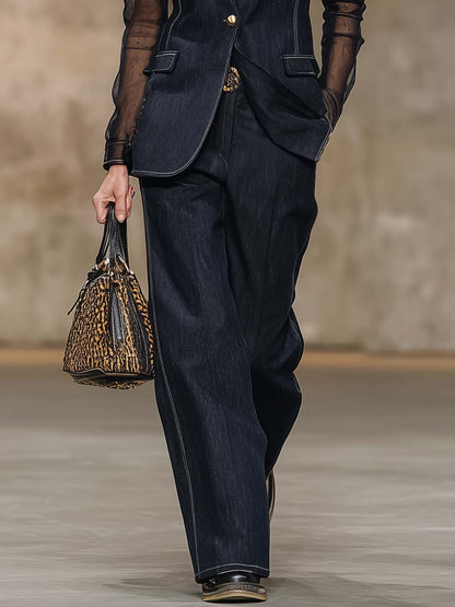 Exquisite Casual Single-button Organza Long-sleeved Dark Blue Denim Suit