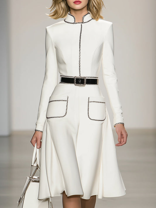 Elegant And Fashionable Stand-up Collar Black Stitching White Midi Dress