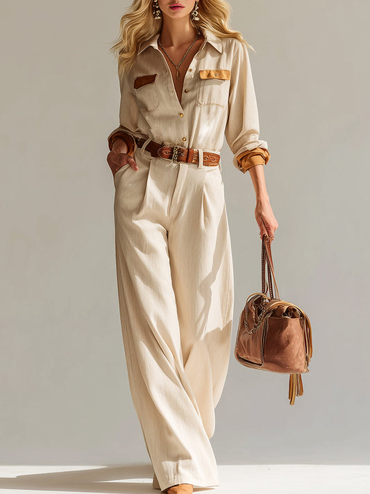 Elegant Classic Lapel Apricot Cotton And Linen Pocket Long-sleeved Jumpsuit