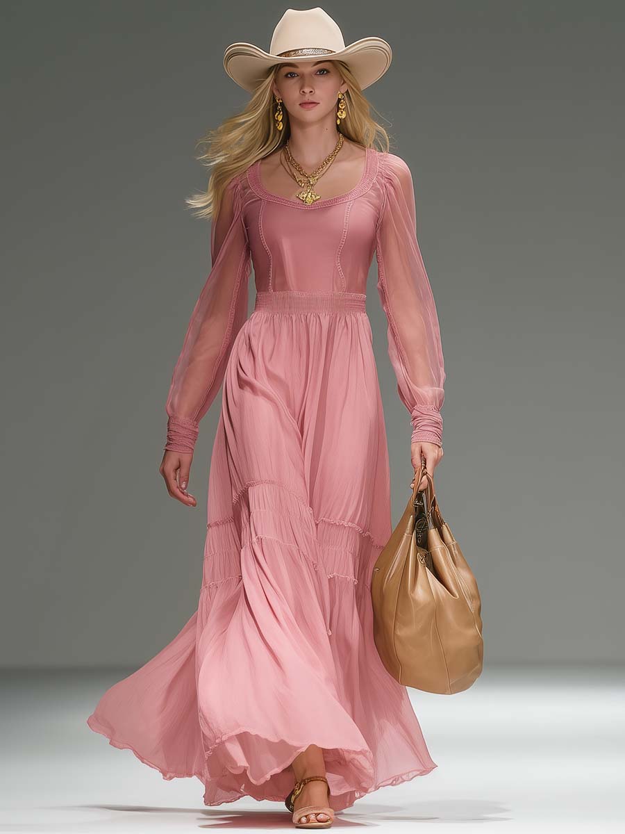 Exquisite Vintage Western Round Neck Transparent Long Sleeve Pink Chiffon Maxi Dress