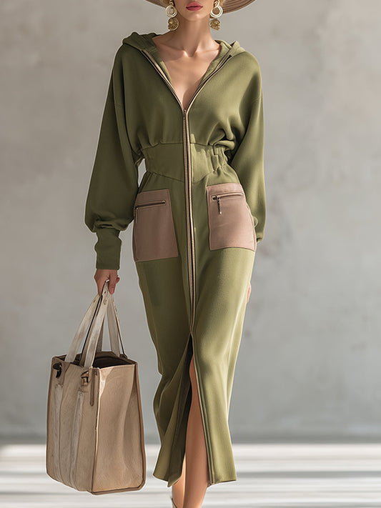 Elegant Olive Green Hooded Narrow Waist Zip-up Sweatshirt Long Sleeve Maxi Dress
