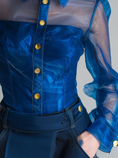 Elegant Royal Blue Organza Lapel Button-Down Long Sleeve Shirt