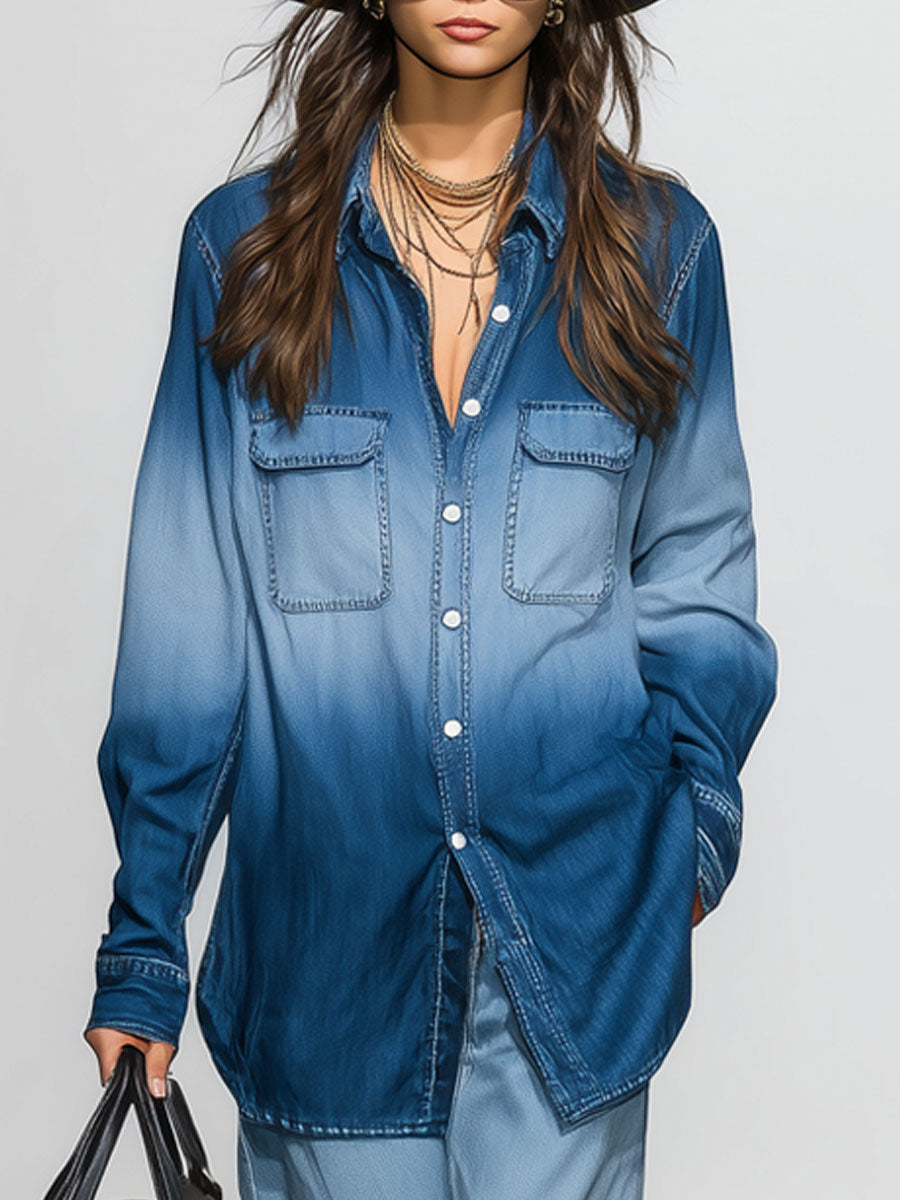 Casual Retro Gradient Blue Denim Long-Sleeved Shirt