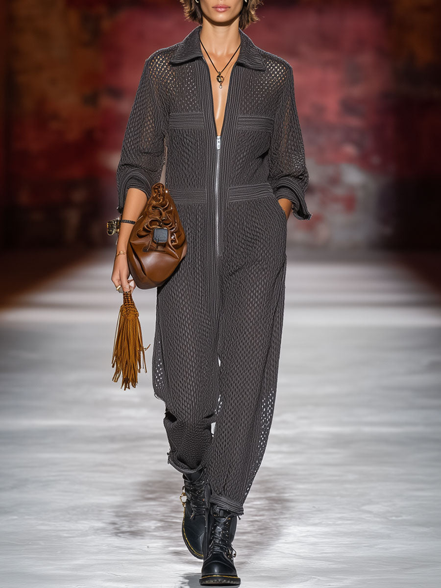 Casual Retro Gray Mesh Knit Long Sleeve Zipper Jumpsuit
