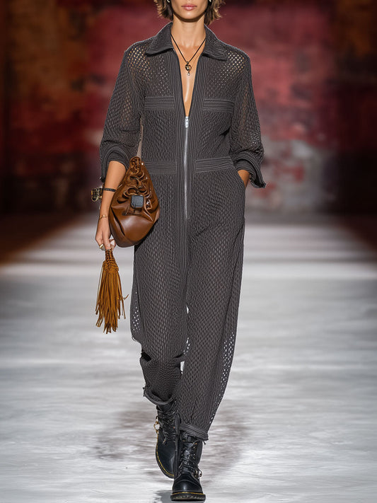 Casual Retro Gray Mesh Knit Long Sleeve Zipper Jumpsuit