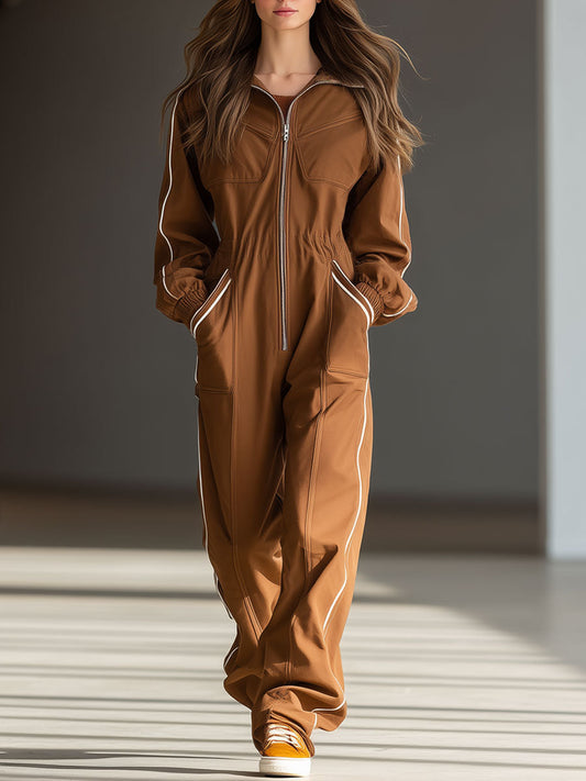 Casual Retro White Trim Caramel Cotton Long-Sleeved Wide-Leg Work Jumpsuit
